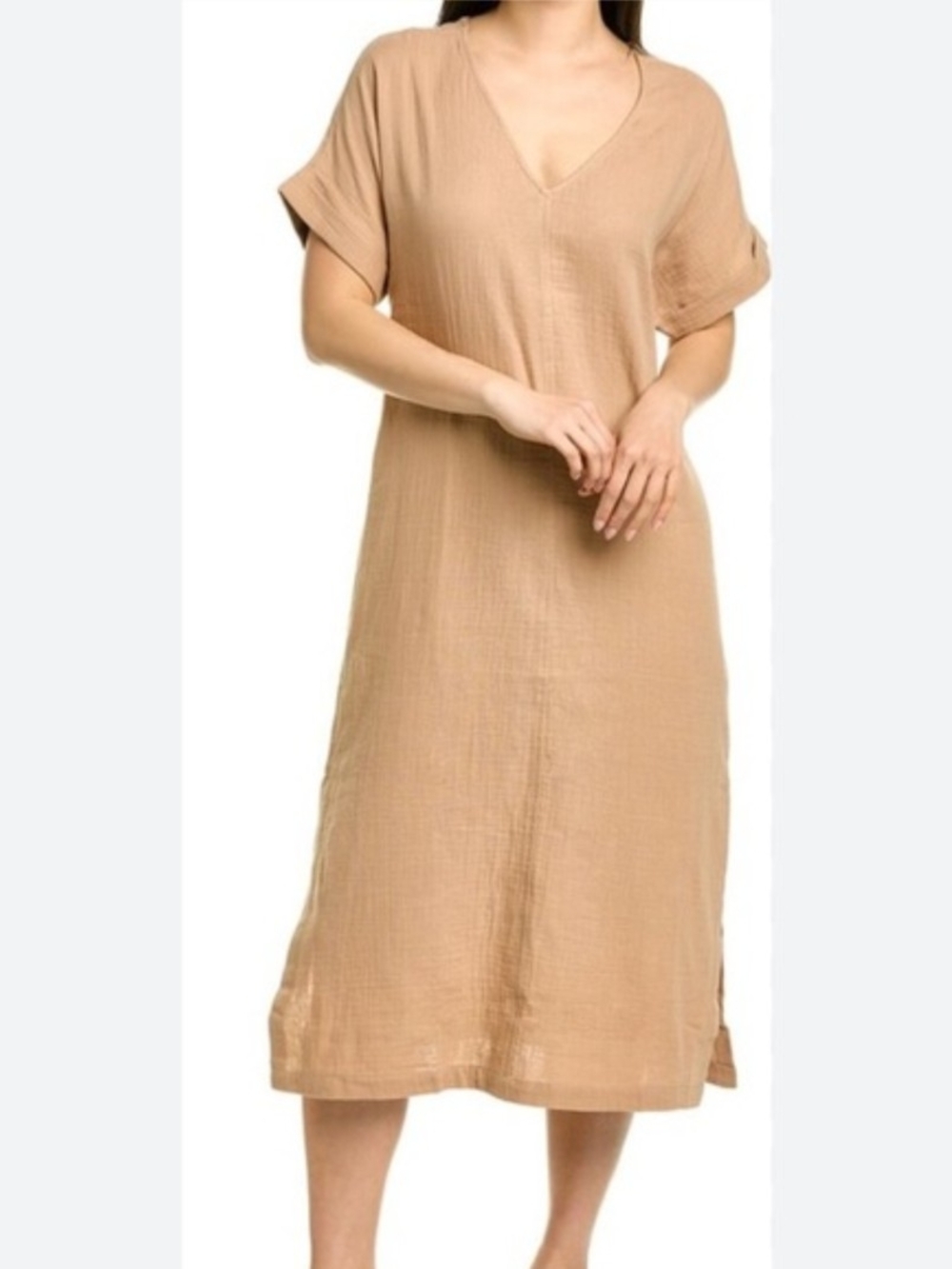 Faherty Maggie Organic Gauze Midi Dress Camel Tan M/L